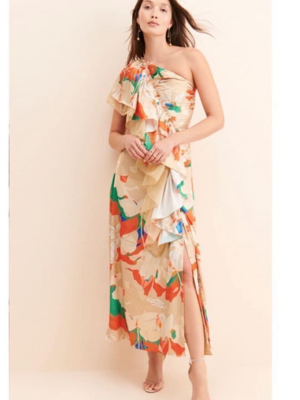 Mandira Wirk Anthropologie Ruffled One-Shoulder Floral Maxi Dress Gown Sz Medium